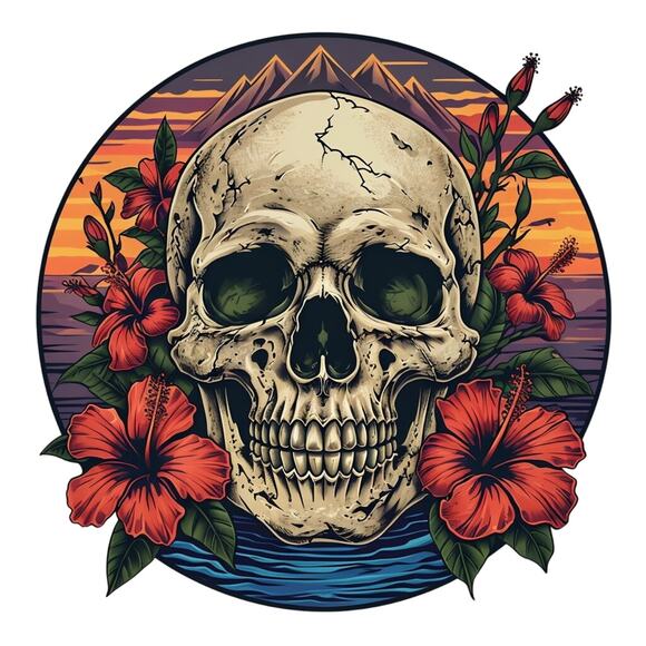 Wall Art Print - Skull with Flowers and Scenery - Decor - Work Bedroom Office - Picture 1 of 1